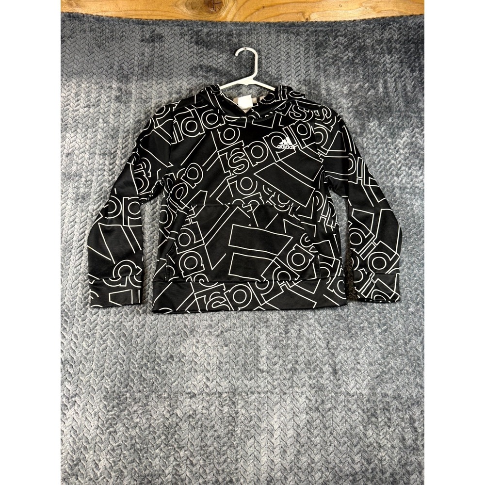 Adidas Hoodie Youth Kids Small Black All Over Logo Print Lightweight‎ Pullover